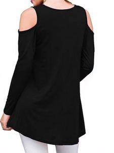 Detailed back view of a black cold-shoulder long sleeve top with a loose casual fit