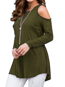 Detail of olive green cold shoulder top featuring long sleeves and curved hemline