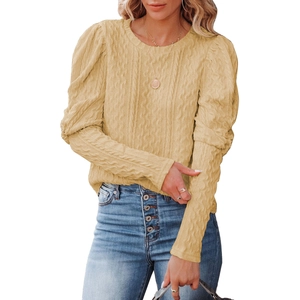 Women's mustard yellow cable knit sweater with puff sleeves and crew neck casual style