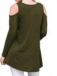 Back view detail of military green cold shoulder long sleeve top in a relaxed fit style