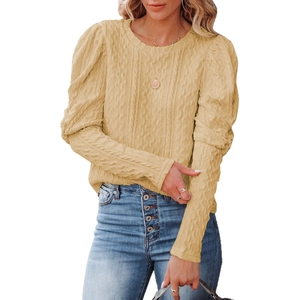 Women's light yellow cable knit sweater with puff sleeves and crew neck casual fit