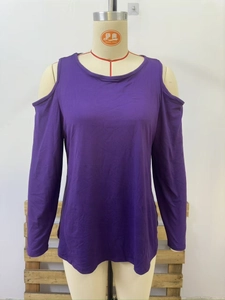 Detail view of the cold-shoulder cutout design and purple fabric on this casual top