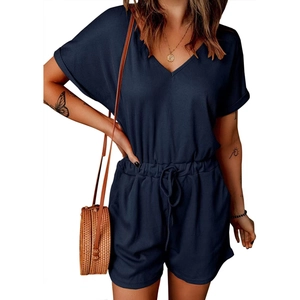Navy blue V-neck ribbed knit romper with adjustable drawstring waist and short sleeves