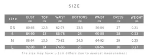 Detailed size chart for printed bikini three-piece set showing XS to L measurements