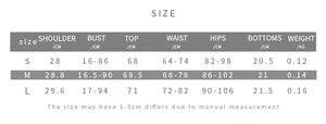 Size chart with measurements for polka dot cutout jumpsuit in S, M and L sizes