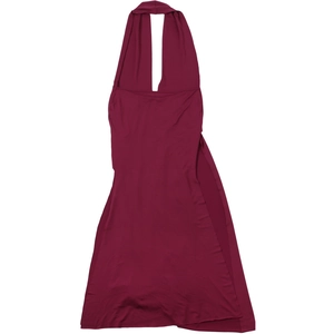 Detail of burgundy halter neck dress with deep V-neckline and smooth fabric texture