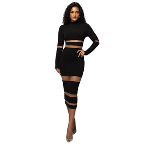 Sexy black mesh patchwork long sleeve top and high waist mini skirt set for women