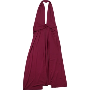 Detail view of deep red halter maxi dress with deep V-neck and twist knot waist detail