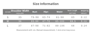 Detailed size chart for sexy sheer jumpsuit showing measurements for S, M and L sizes