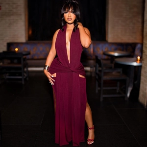 Women Sexy Wine Red Halter Deep V Backless Split Maxi Dress Elegant Sleeveless Waist Twist Evening Party Slim Fit Long Dress