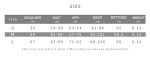 Size chart detail for sexy sheer bodycon jumpsuit showing measurements for S, M, L