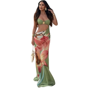 Sexy hollow-out floral maxi dress in green with orange lily print and gold floral buckle