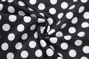 Close-up of black fabric with white polka dot print showing texture and draping detail