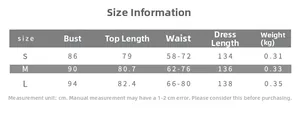 Detailed size chart for the ruched waist maxi dress with measurements for S to L sizes