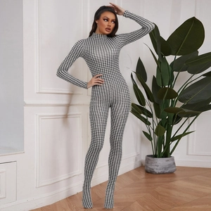Donna Sexy Collo Alto Manica Lunga Catsuit Corpo Intero Moda Pied de Poule Stampa Serpente Slim Fit Tuta Clubwear Festa