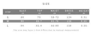 Detailed size chart for ruched waist evening dress showing measurements in centimeters