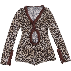 Detail of leopard print long sleeve bodysuit featuring deep V-neck and ruffled trims