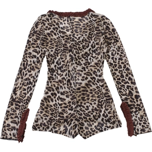 Detail of leopard print bodysuit featuring ruffled cuffs and neckline on white background