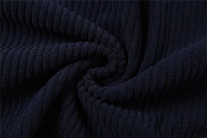Macro shot of vertical corduroy texture on navy high-waisted wide-leg leisure trousers