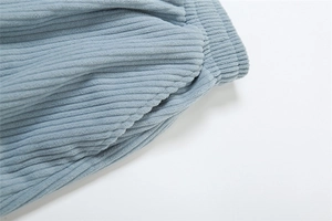 Detail of light blue corduroy pants featuring an elastic high waist and side pockets