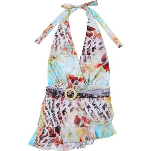 Dettaglio vestito con scollo a V profondo, stampa animalier e cintura con fibbia in paglia