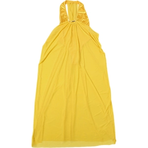 Detail of yellow halter neck dress with pleated waist and sheer summer chiffon fabric