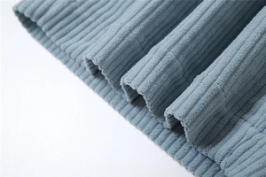 Detailed macro view showing the soft blue corduroy fabric texture with vertical ridges