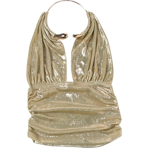 Dettaglio del top allacciato al collo oro champagne con anello metallico e tessuto glitter