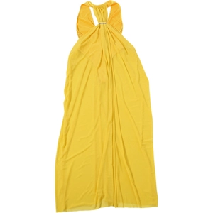 Detail of gathered halter neckline with silver metal clasp on a yellow summer dress