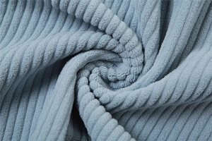 Macro detail of light blue striped plush corduroy fabric with soft vertical texture