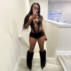 Women Sexy Hollow Out Halter Jumpsuit Metal Ring Decor Backless Sleeveless Slim Fit Skinny Romper For Nightclub Party Black