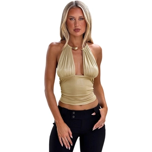 Top corto sexy allacciato al collo color oro champagne con dettaglio anello a U