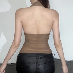 Rear view of brown halter neck backless top with mesh pleats and drawstring detail