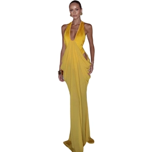 Elegant bright yellow deep V-neck sleeveless maxi dress with pleated waist and long hem