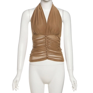 Detail view of brown V-neck halter top with ruching fabric and decorative buttons