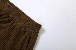 Detail view of high waist elastic waistband on deep brown corduroy trousers for women