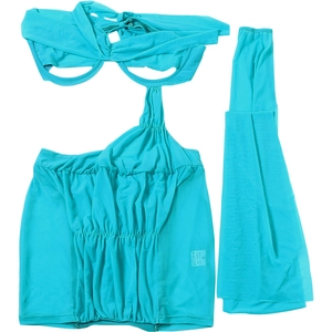 Détail d'un ensemble jupe courte dos nu turquoise avec fronces et manches assorties