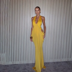 Women Sexy Deep V Neck Halter Backless Maxi Dress Yellow Satin Pleated Cut Out Evening Party Long Dress