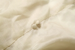 Détails de gros plan sur satin champagne avec d'élégants boutons recouverts de tissu