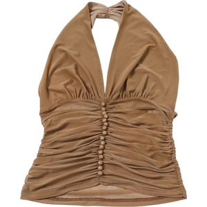 Detailed view of brown halter neck top featuring gathered fabric and decorative buttons