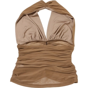 Detail of deep V-neck halter top with ruched texture in coffee brown mesh fabric