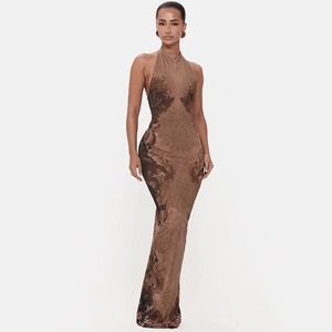 Women Vintage Floral Lace Print Halter Neck Backless Maxi Dress Sexy Slim Fit Bodycon Polyester Spandex Long Party Dress