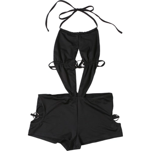 Close-up of black halter jumpsuit with side cut-outs and metallic ring details