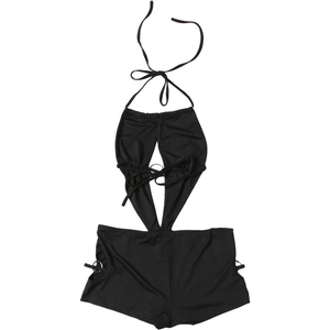 Detail of black halter romper featuring side cut-outs and metallic ring accents