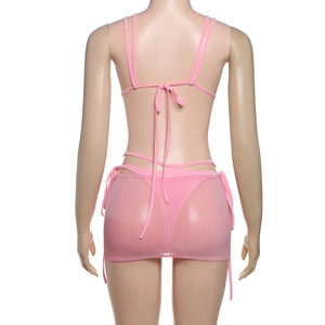 Rear view of pink three-piece bikini set featuring sheer mesh wrap skirt on mannequin