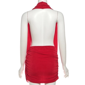 Detailed back view of red halter neck mini dress featuring open back and ruched texture