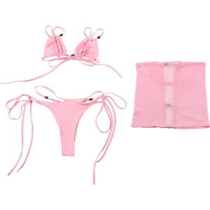 Detailed flat lay of a pink 3-piece bikini set with colorful beads and a mesh skirt