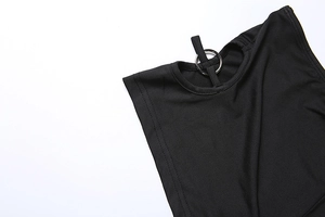 Detail of black halter romper featuring a silver metal ring and decorative neck tie