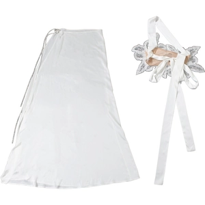 Detail of white satin maxi skirt with silver diamond waist chain and floral lace decor