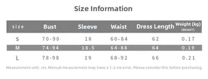 Detailed size chart for bow polka dot lace mini dress with S, M, L measurements